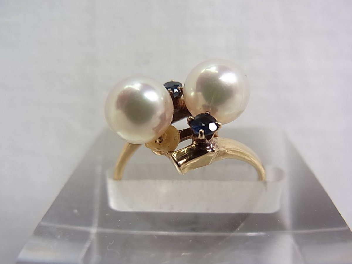 K18アコヤ真珠の最高品花玉ピンク系：6.8mm球脇石サフイヤ2石入：重量3.2㌘新品では御座いませんが綺麗な状態です：指輪サイズ11号美品です_K18アコヤ真珠の最高品花玉ピンク系：6.8mm