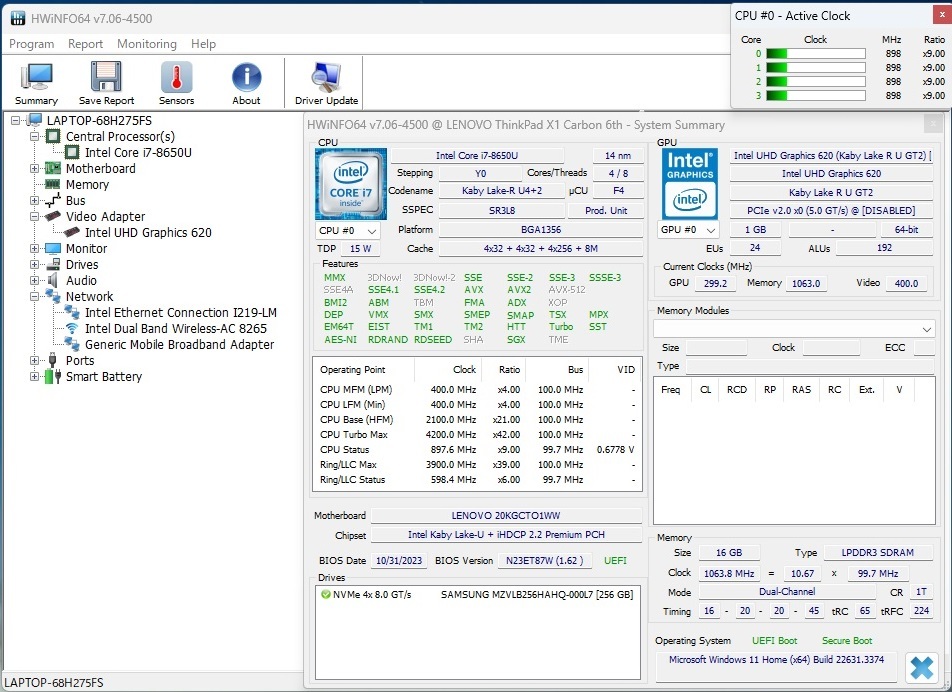 モバイルノート Core i7-8650U ThinkPad X1 Carbon 6th SIMフリー LTE 14型 HDR WQHD液晶 16GB SSD256GB HDMI Windows11 Office2021_HWiNFOの情報です
