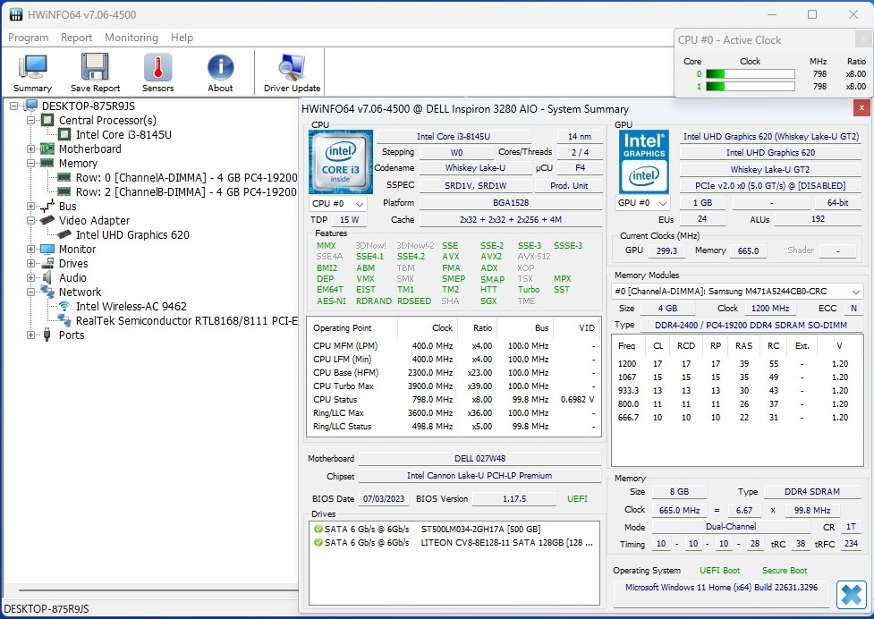 高速起動 22型タッチ液晶 DELL Inspiron 22-3280 AIO Core i3-8145U メモリ8GB 高速 SSD128GB HDD500GB Wi-Fi Windows11 Office2019 黒_HWiNFOの情報です。