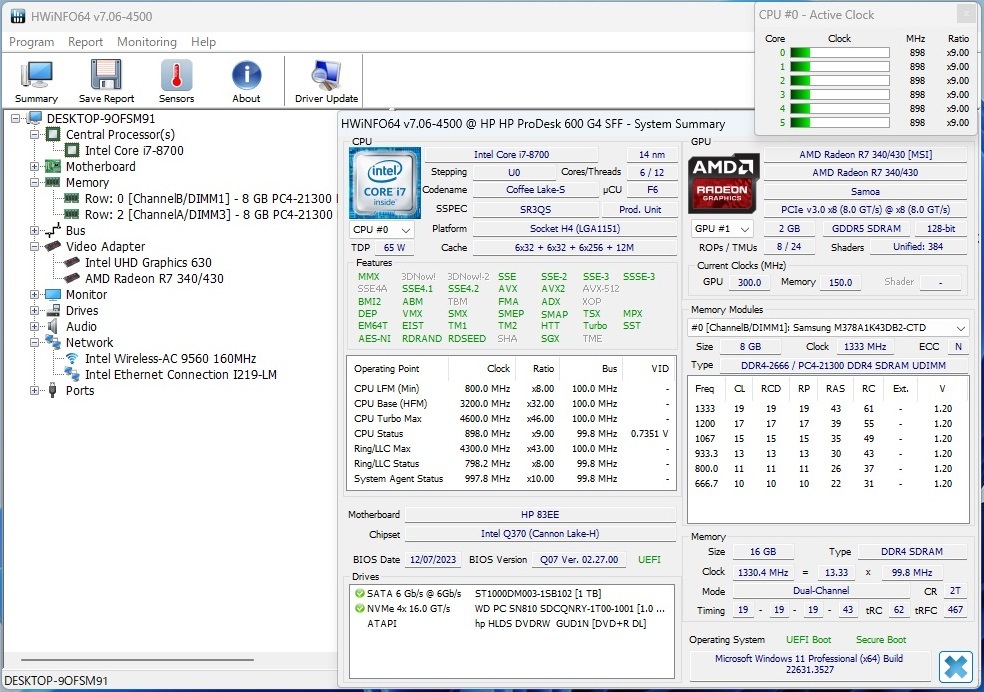 高速起動 Core i7-8700 24型液晶セット HP ProDesk 600 G4 16GB 超高速SSD1TB HDD1TB GPU Radeon R7 DVD-RW Windows11 Office Wi-Fi Gaming_HWiNFOの情報です。