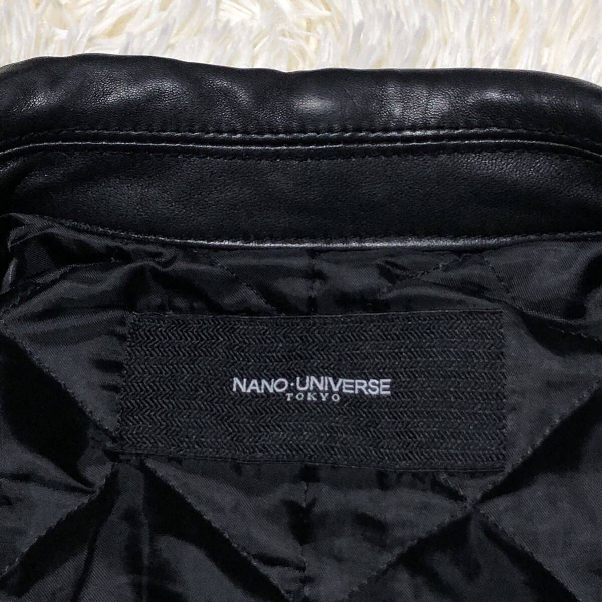 【美品】NANO UNIVERSE ナノ ユニバース ラムレザー ライダース ジャケット ブラック 羊革 シープスキン キルティング アウター 黒 Lの画像7