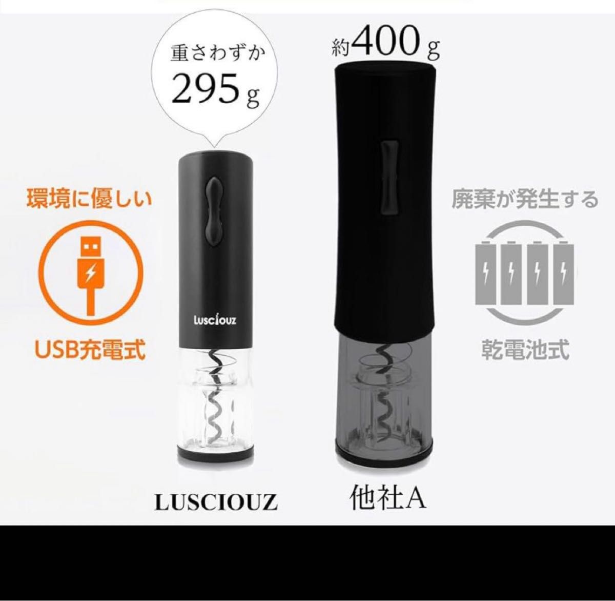 lusciouz 電動ワインオープナー 業界最小設計 usb充電式 ブラック