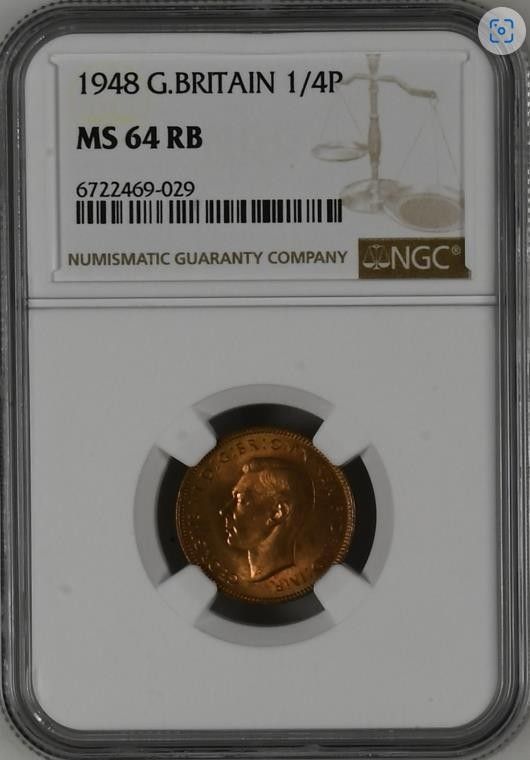 【MS64RB】NGC 1948　ファージング 小鳥 ミソサザイ 1/4ペニー銅貨　ジョージ6世　N社準最高鑑定