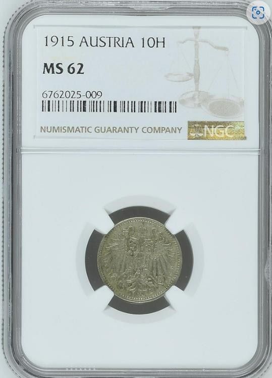 【MS62】NGC　1915　オーストリア 白銅貨 ハプスブルク家 10ヘラー　N社準最高鑑定