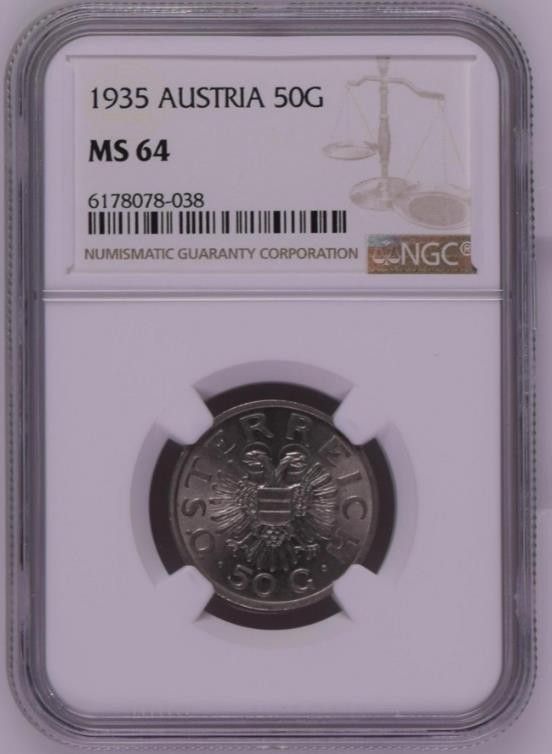 【MS64】NGC　1935 　オーストリア 　50G 銀貨　N社準最高鑑定