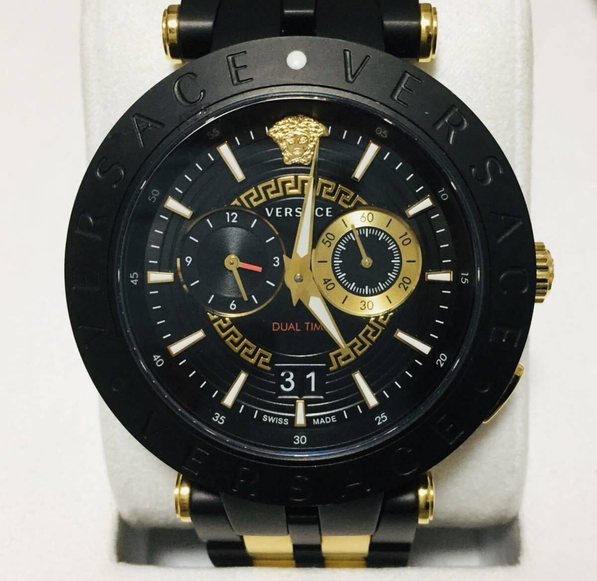 動作確認済 VERSACE V-RACE DUAL TIME VEBV00619 クォーツ スモセコ デイト ヴェルサーチ デュアルタイム ギャラ付 i0108_画像6