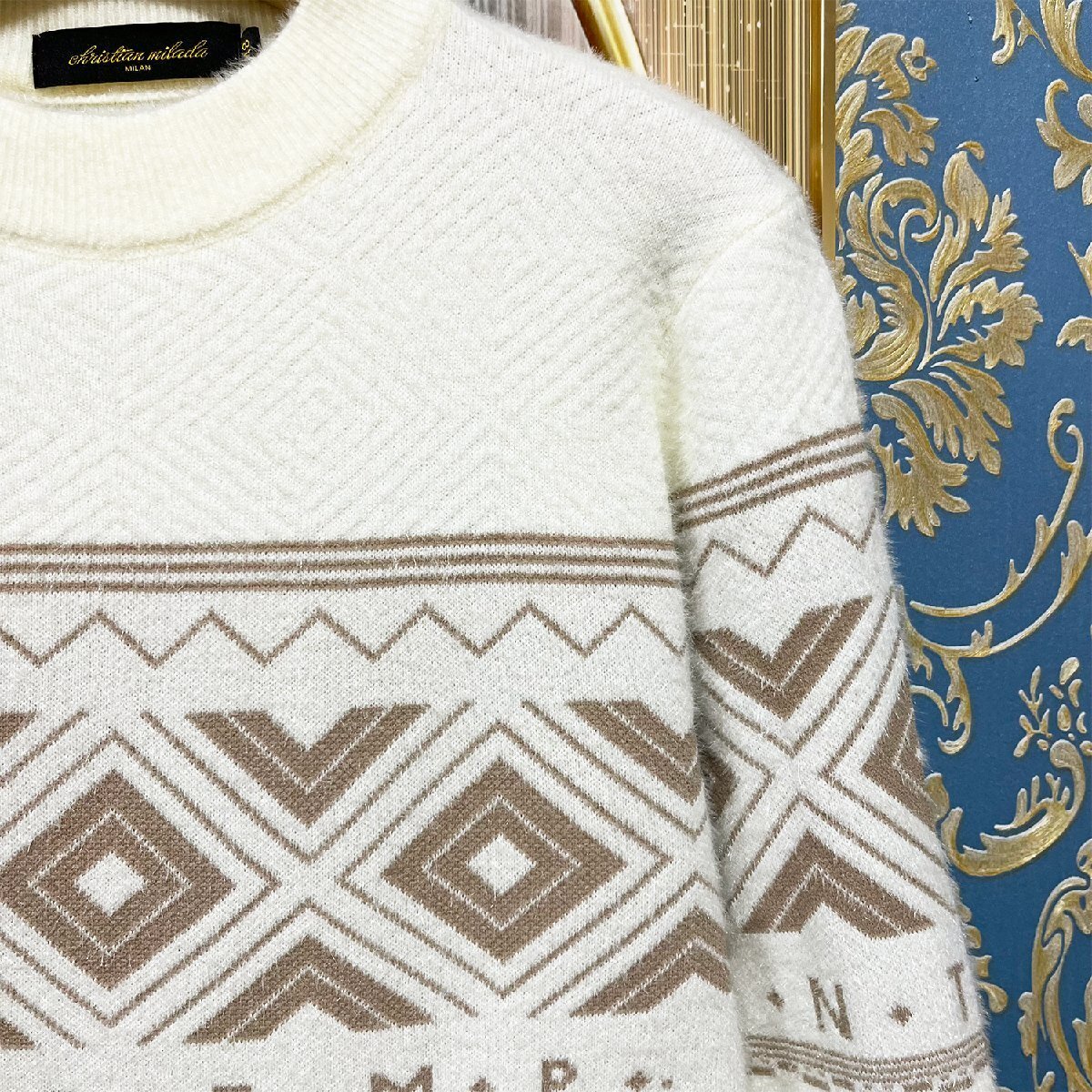  highest grade EU made * regular price 3 ten thousand *christian milada* milano departure * sweater * protection against cold warm soft length of hair total pattern . what . knitted pull over autumn winter XL/50