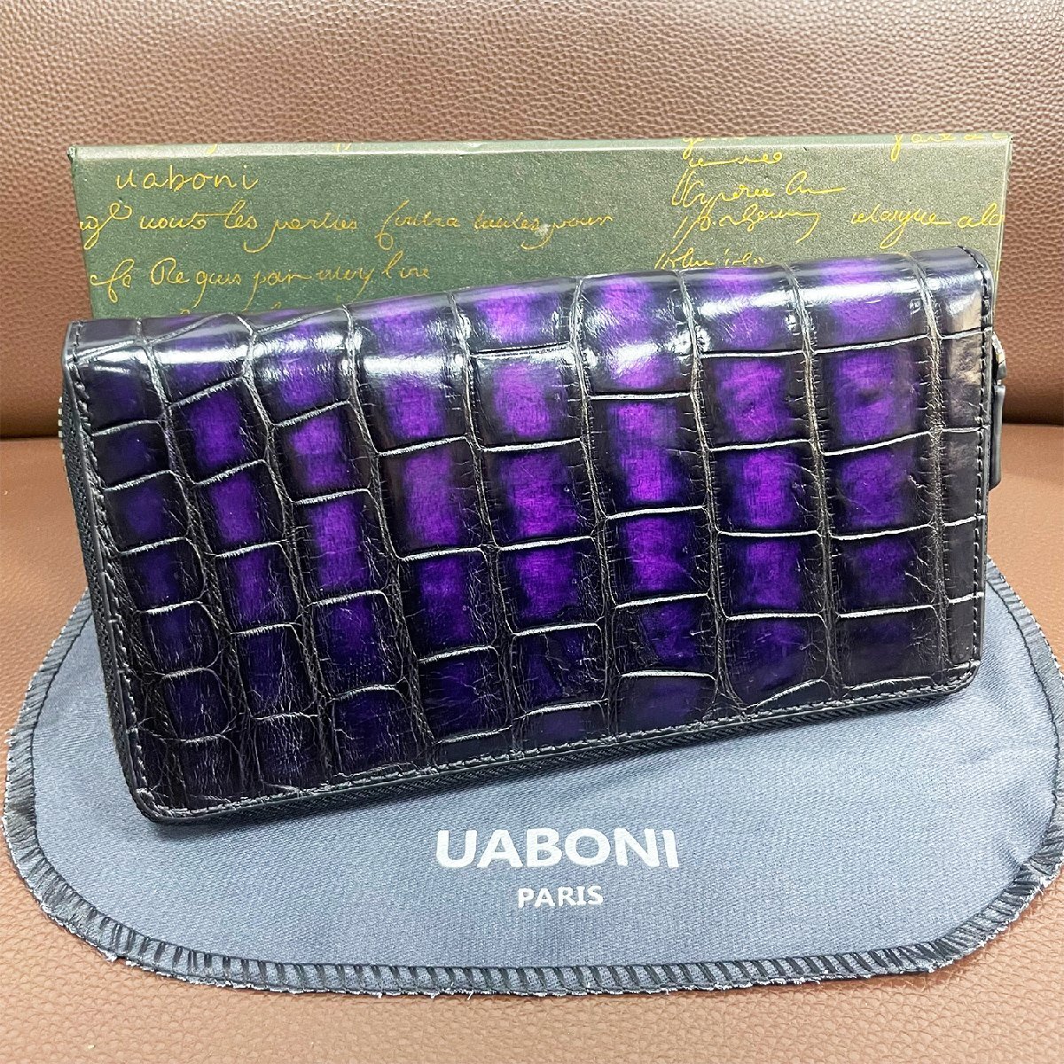 絶賛 限定EU製＆定価68万◆UABONI*アリゲーター・ファスナー長財布◆上質 高級 レア 手染 パティーヌ クロコ 本革 レザー メンズ ビジネス_画像1