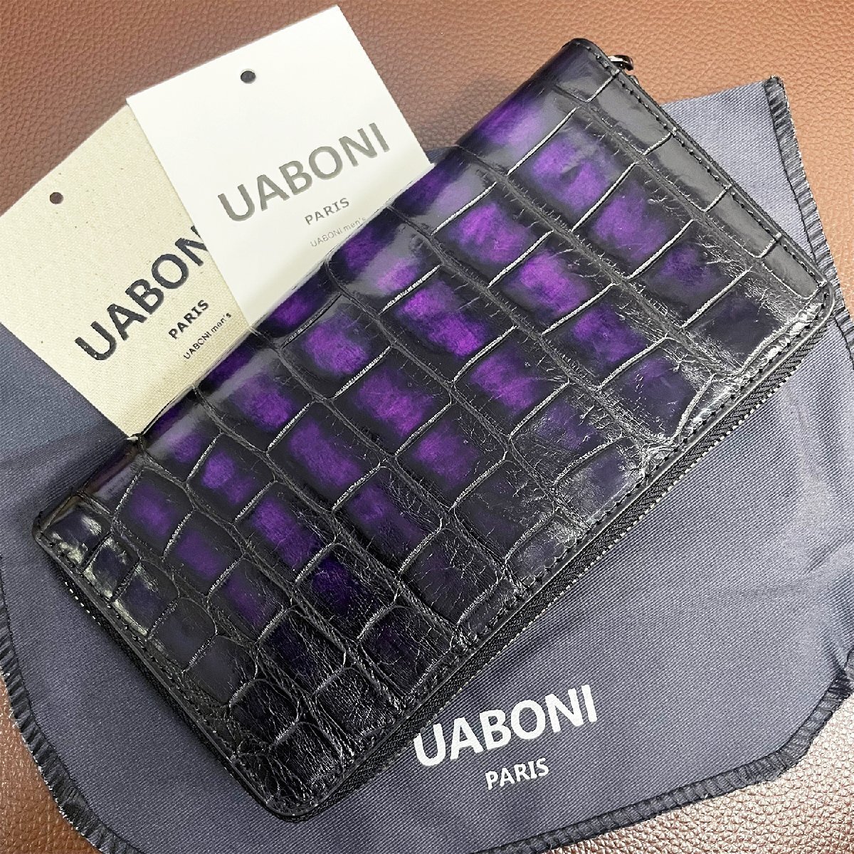 絶賛 限定EU製＆定価68万◆UABONI*アリゲーター・ファスナー長財布◆上質 高級 レア 手染 パティーヌ クロコ 本革 レザー メンズ ビジネス_画像2