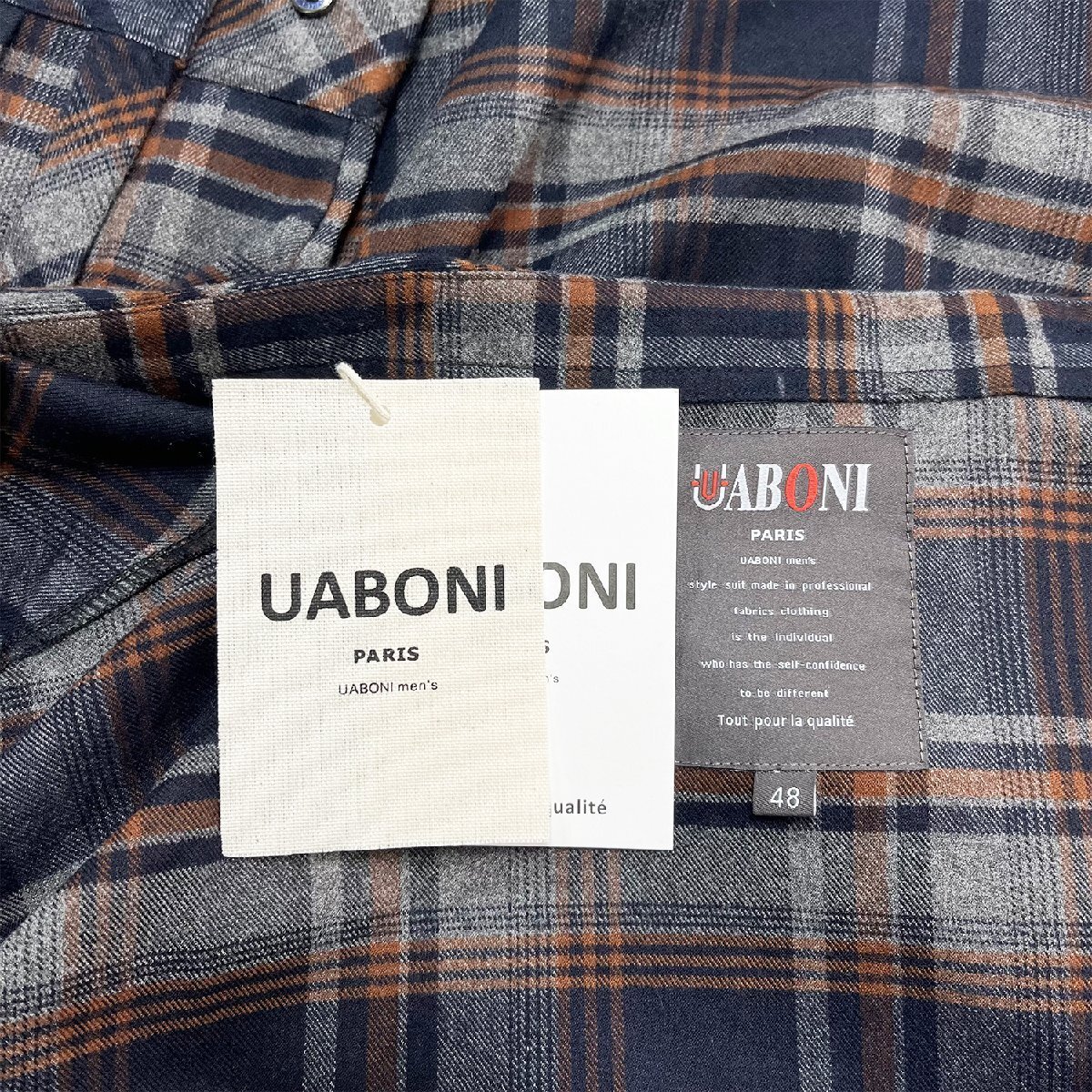 高級EU製＆定価4万◆UABONI*Paris*長袖シャツ*ユアボニ*パリ発◆高品質カシミヤ 薄手 快適 ソフト チェック柄 オシャレ 洗練 通勤 L/48_画像10