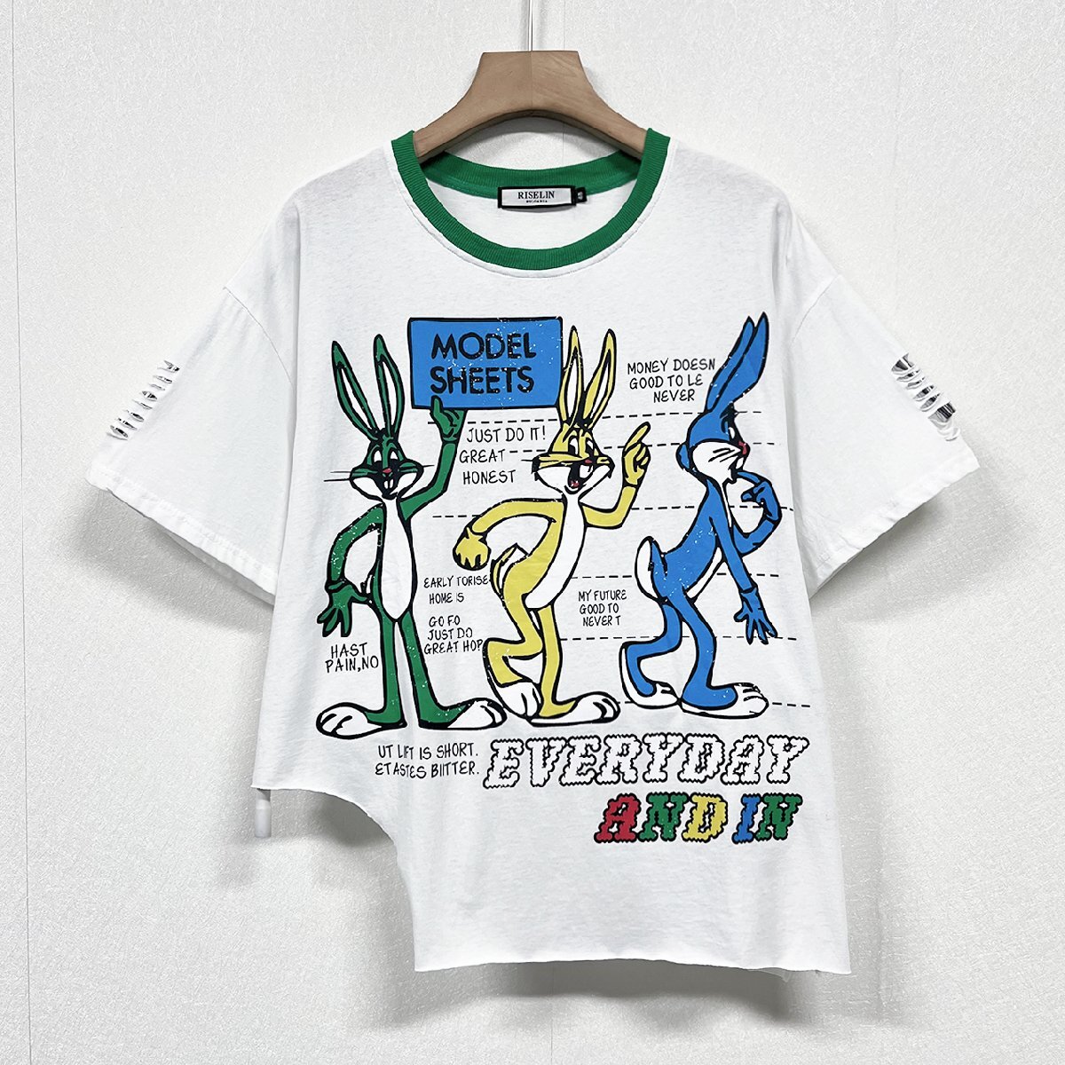 個性ヨーロッパ製※定価2万◆ブルガリア発※RISELIN 半袖Tシャツ 薄手 ゆったり ダメージ加工 ウサギ カットソー アシンメトリー 街着 M/46_画像1