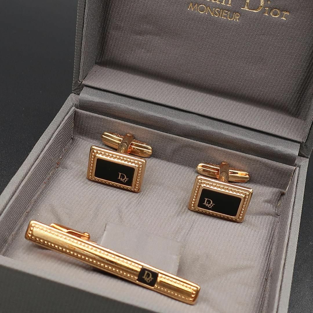 正規品 ディオール Dior タイピン Necktie pin カフス Cuffs ゴールド Gold 黒 Black セット Set 箱 Box Authentic Mintの画像2