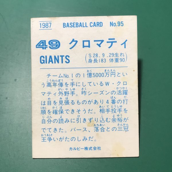1987年 カルビー プロ野球カード 87年 95番 巨人 クロマティ レアブロック  【C69】の画像2