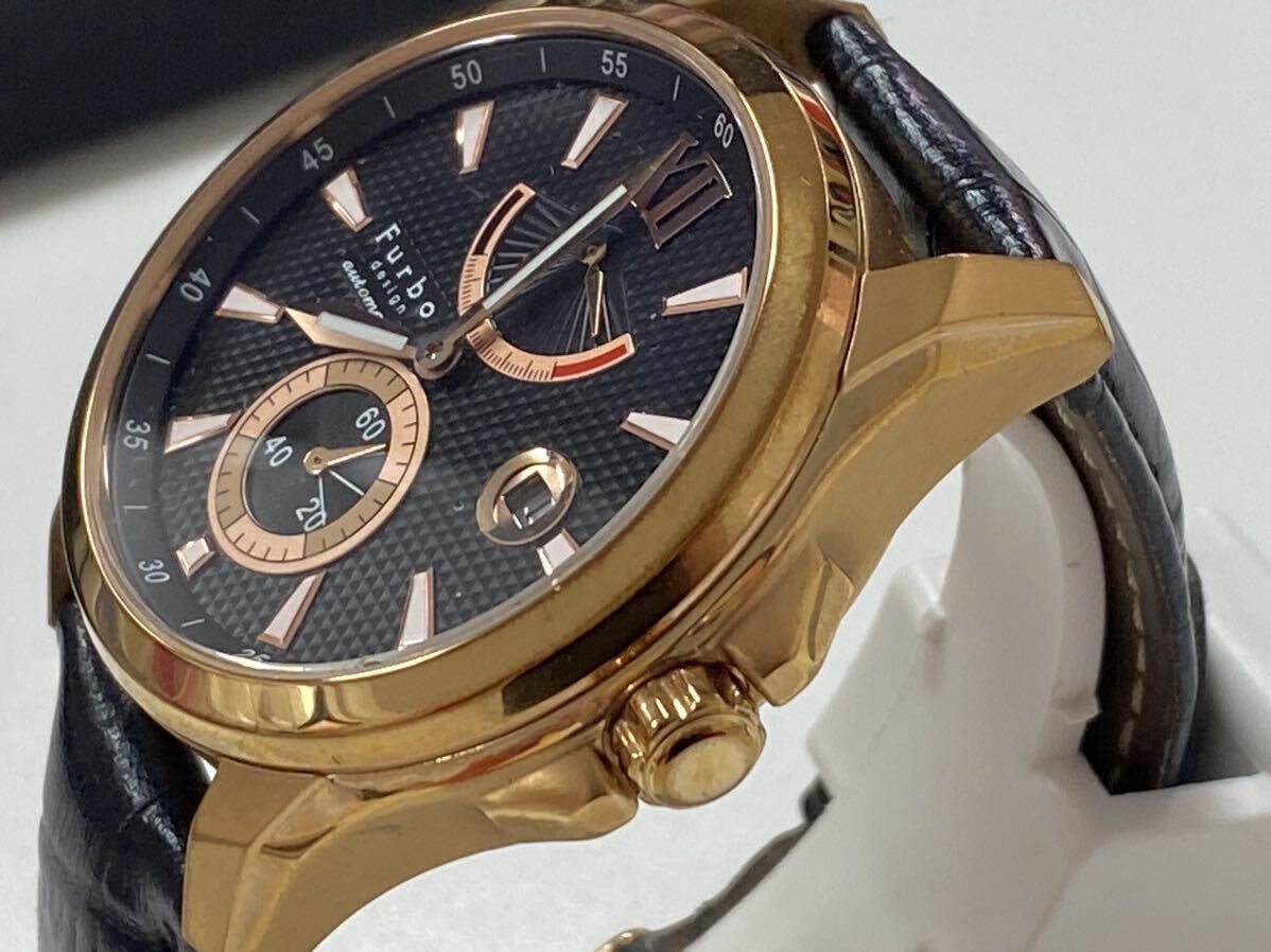 1円スタート FURBO DESIGN フルボ デザイン 自動巻き 腕時計 革ベルト F9003メンズ腕時計 デイト _画像3