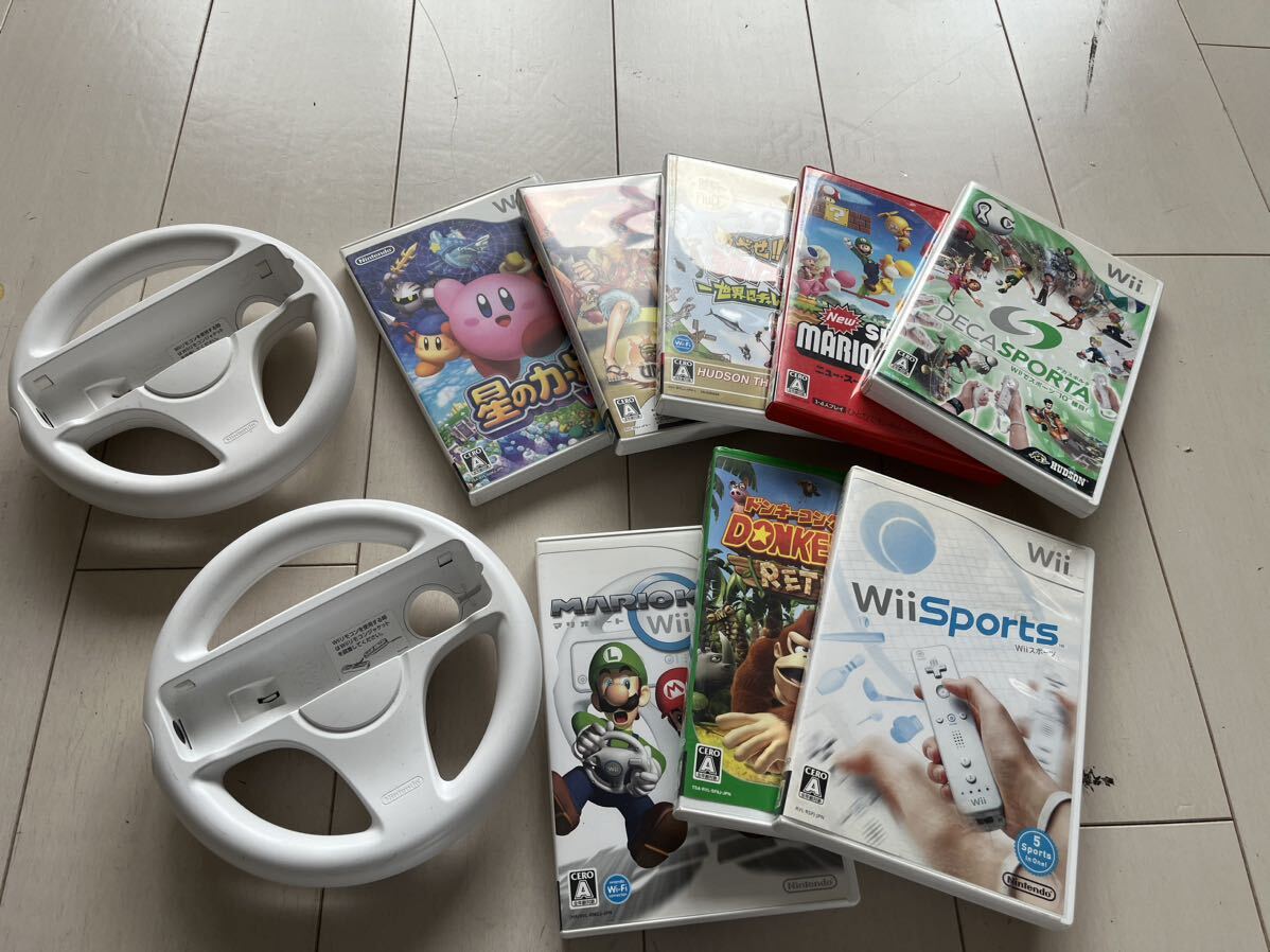 1円スタート Nintendo Wii 本体 リモコン ヌンチャク ハンドル ソフト8本付き 白 ホワイト 任天堂 ニンテンドーWii 通電確認済み