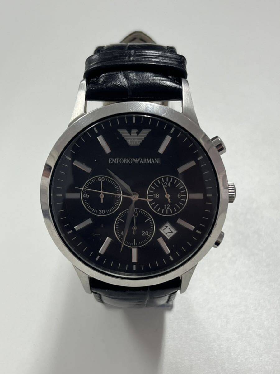 1円スタート EMPORIOARMANI 腕時計 AR-2447 メンズ 腕時計 黒文字盤 クォーツ デイト BLK ブラック エンポリオアルマーニ 革ベルトの画像1