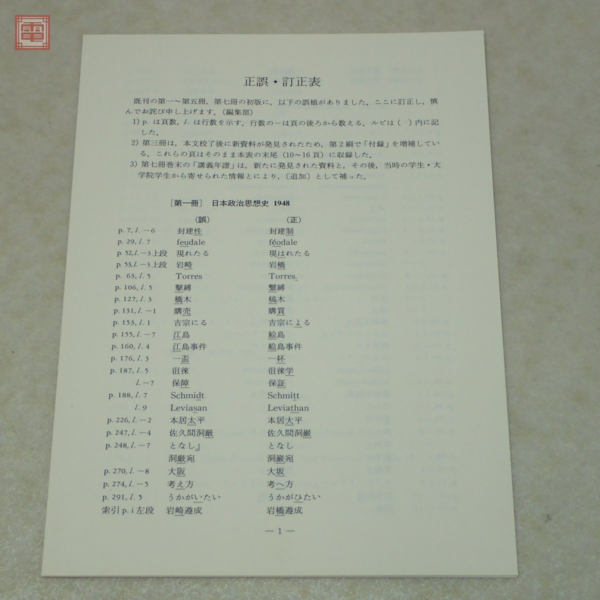 丸山眞男講義録 日本政治思想史 全7巻揃 東京大学出版社 1998年〜2000年発行 初版 正誤・訂正表付 帯付 丸山真男【20の画像4