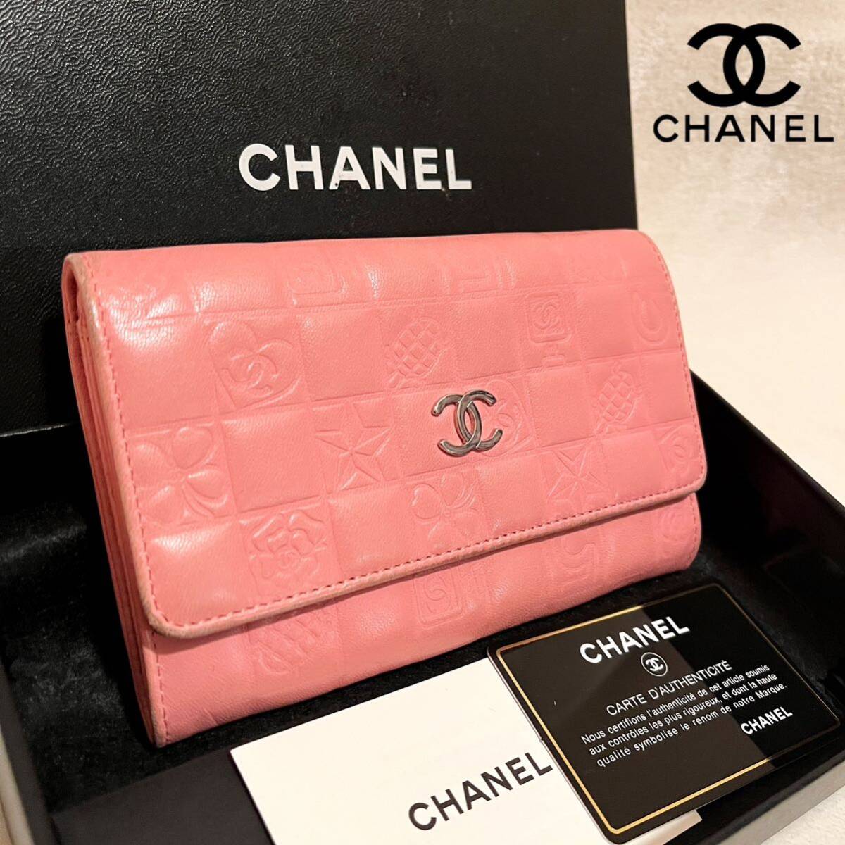 美品 シャネル CHANEL ココマーク アイコンシリーズ 財布 折り財布 ウォレット カメリア レザー ピンク