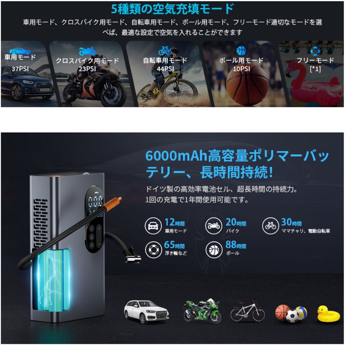 空気入れ 車 自転車 電動 タイヤ電動空気入れ 小型 LEDライト コードレス充電式 米式/仏式バルブ対応 日本語取扱説明書付き