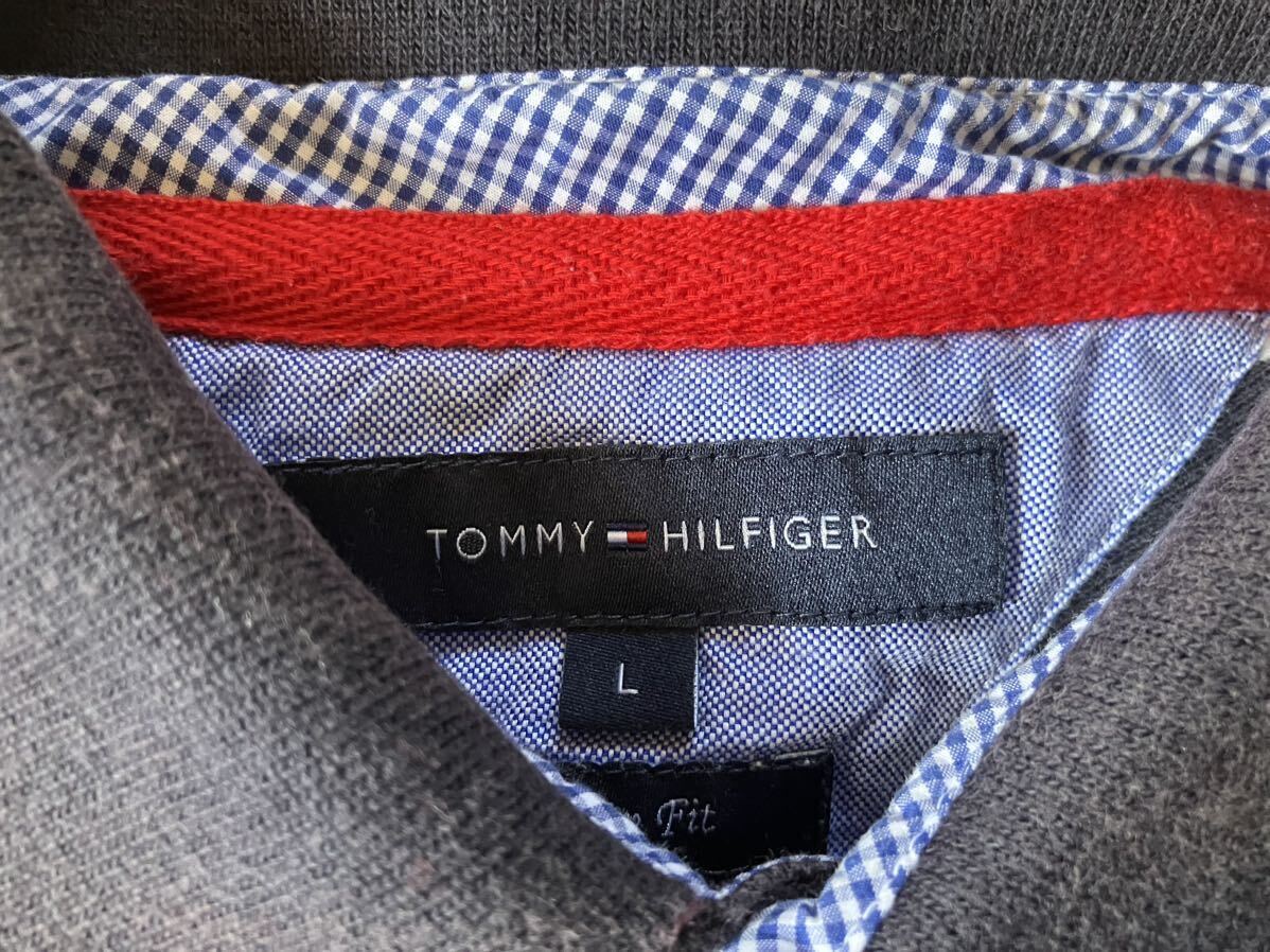 TOMMY HILFIGER トミーヒルフィガー Slim Fit 濃紺ボーダー柄綿半袖ポロシャツ(L))USED 送料無料の画像2