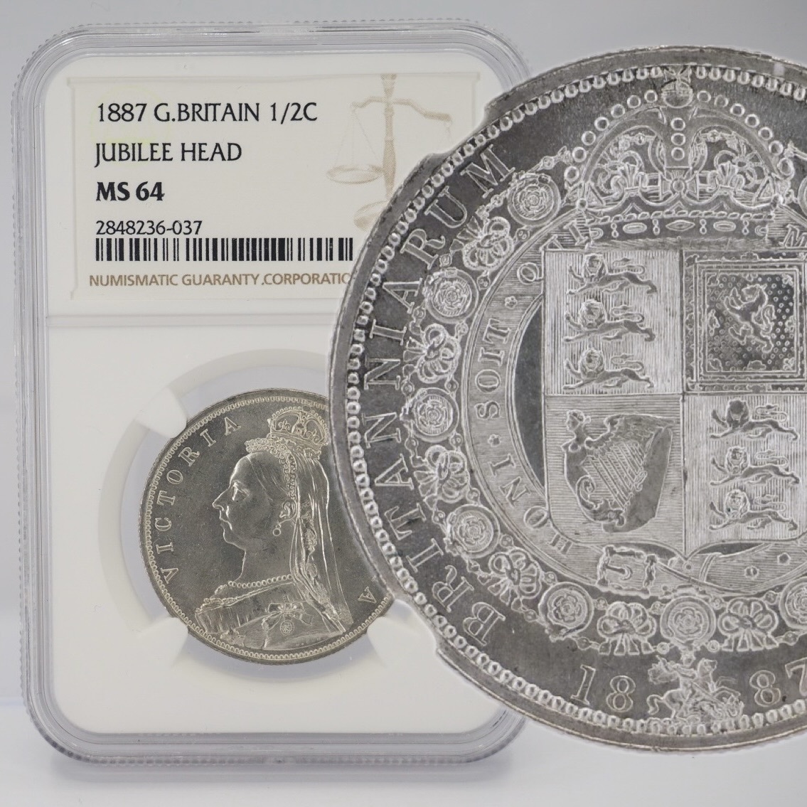 【初年度発行】1887年 イギリス ヴィクトリア女王 ハーフクラウン 銀貨 NGC MS64 ジュビリーヘッド 英国 ビクトリア 1/2C 希少コイン 古銭_画像1