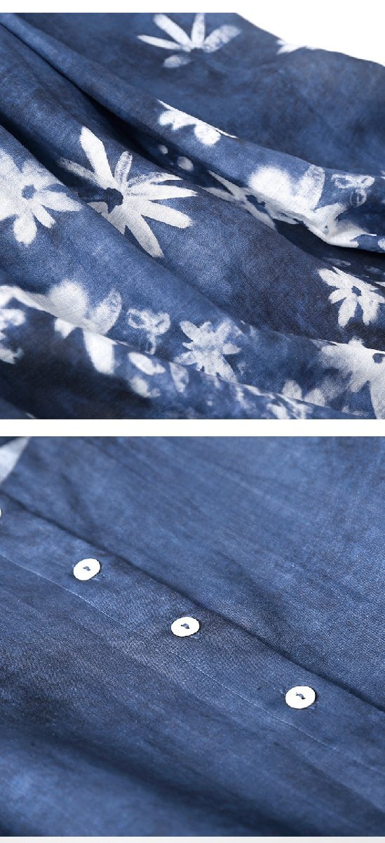 大人 上品 エレガントな花柄プリント綿麻ワンピース レディース ワンピース 50代 60代 ファッション 紺色 薄手 夏のお出かけに Mの画像7