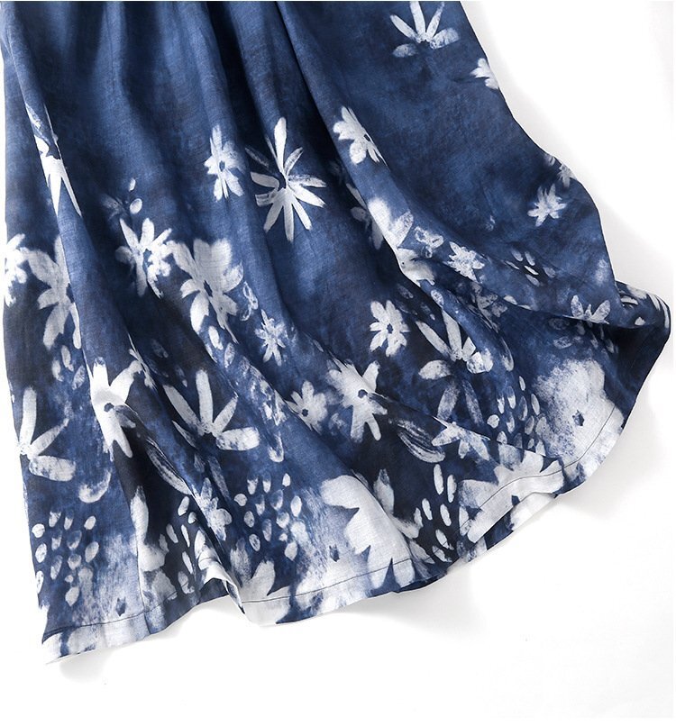 大人 上品 エレガントな花柄プリント綿麻ワンピース レディース ワンピース 50代 60代 ファッション 紺色 薄手 夏のお出かけに Mの画像3
