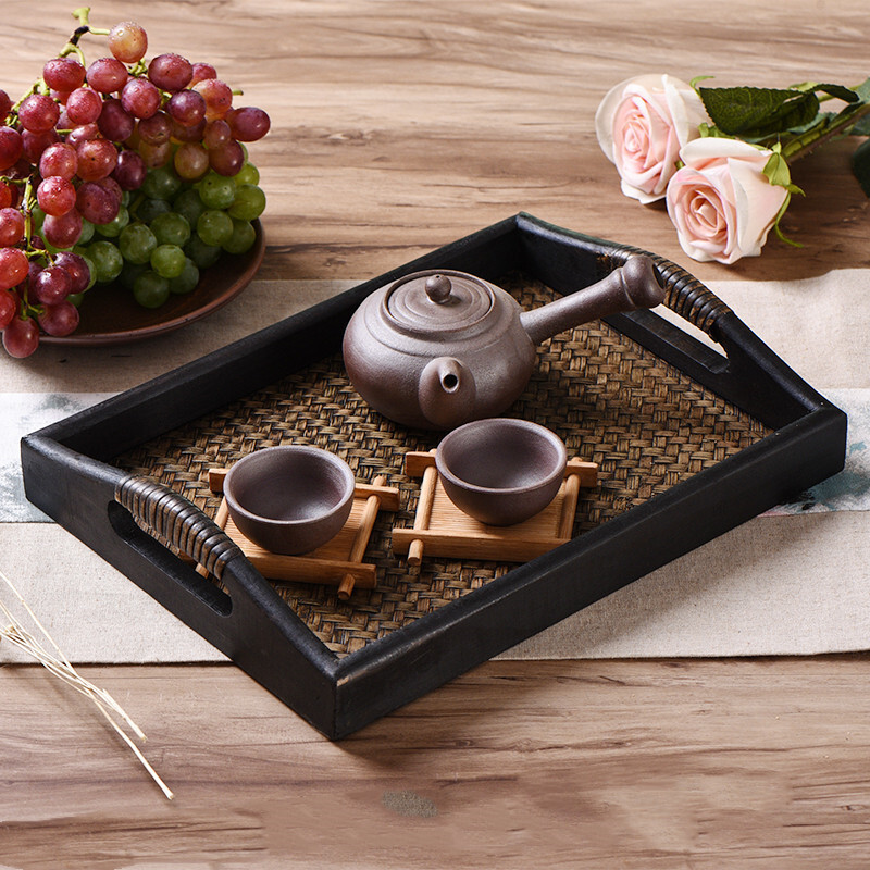 天然木 茶托 茶盤 茶道具 底部自然素材で編み込み 飾り物 31cm x 23cmの画像1