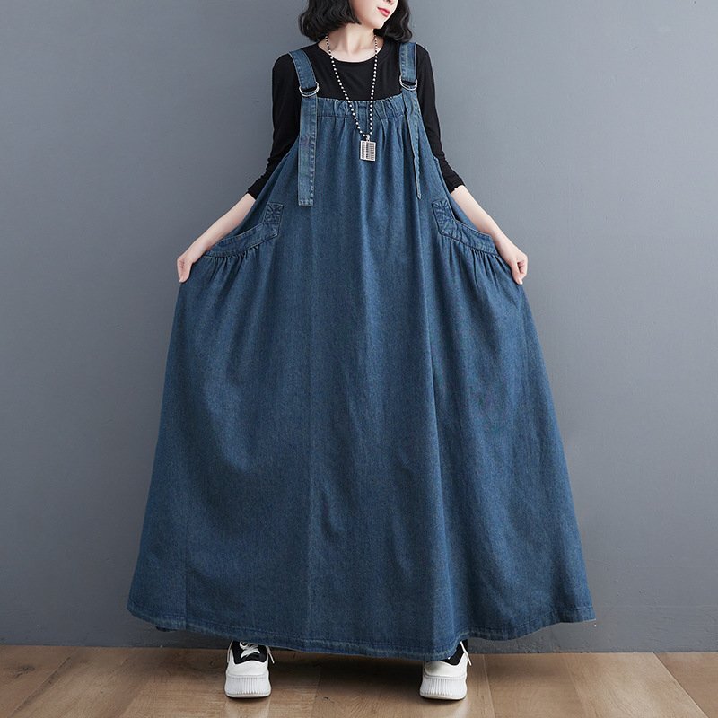  adult stylishly Denim One-piece lady's strap dress large size easy stylish plain commuting navy L