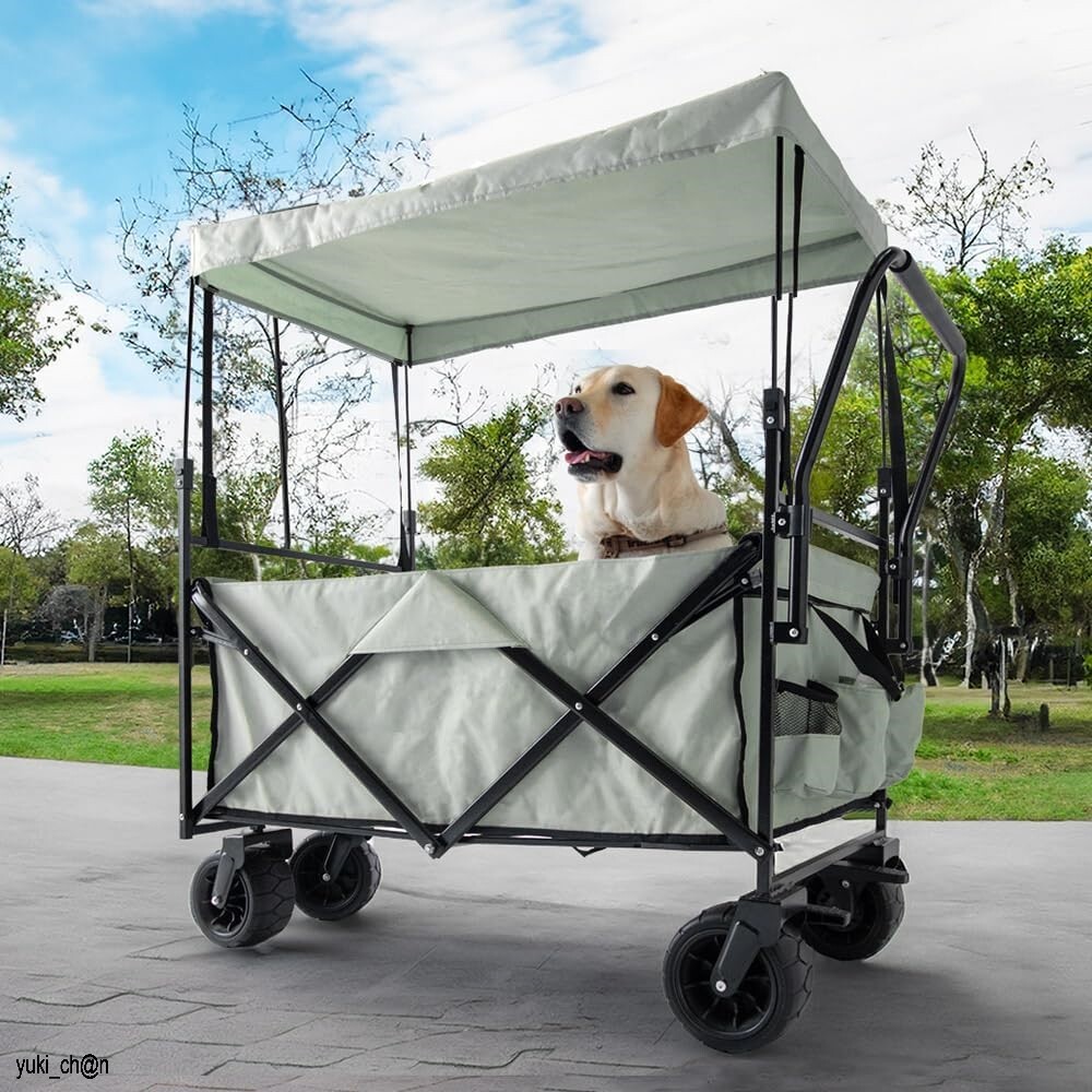 ペットカートワゴン 犬カート スモーキーグリーン 耐荷重150kg 大型犬対応 屋根付き ノーパンク仕様 折りたたみ ストッパー付き キャンプ