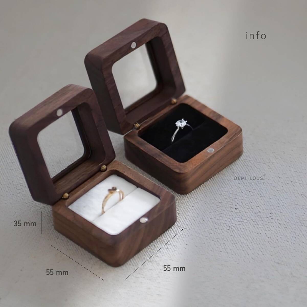 リングケース 木製 くるみ 1個用内張り黒 指輪ケース 婚約指輪 持ち運び リングボックス 高級素材 結婚お祝い プレセント ガラス