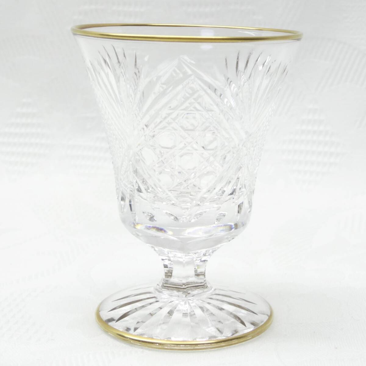 U55 美品 金縁 ボヘミアガラス 金付 高杯 ワイングラス リキュール 冷酒杯 切子 ボヘミアングラスの画像9