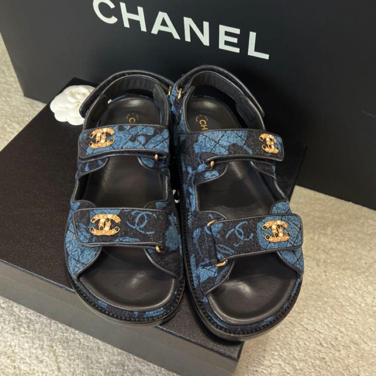 シャネル サンダル デニム CHANEL 正規品 フラットサンダル フットベット スポーティサンダル