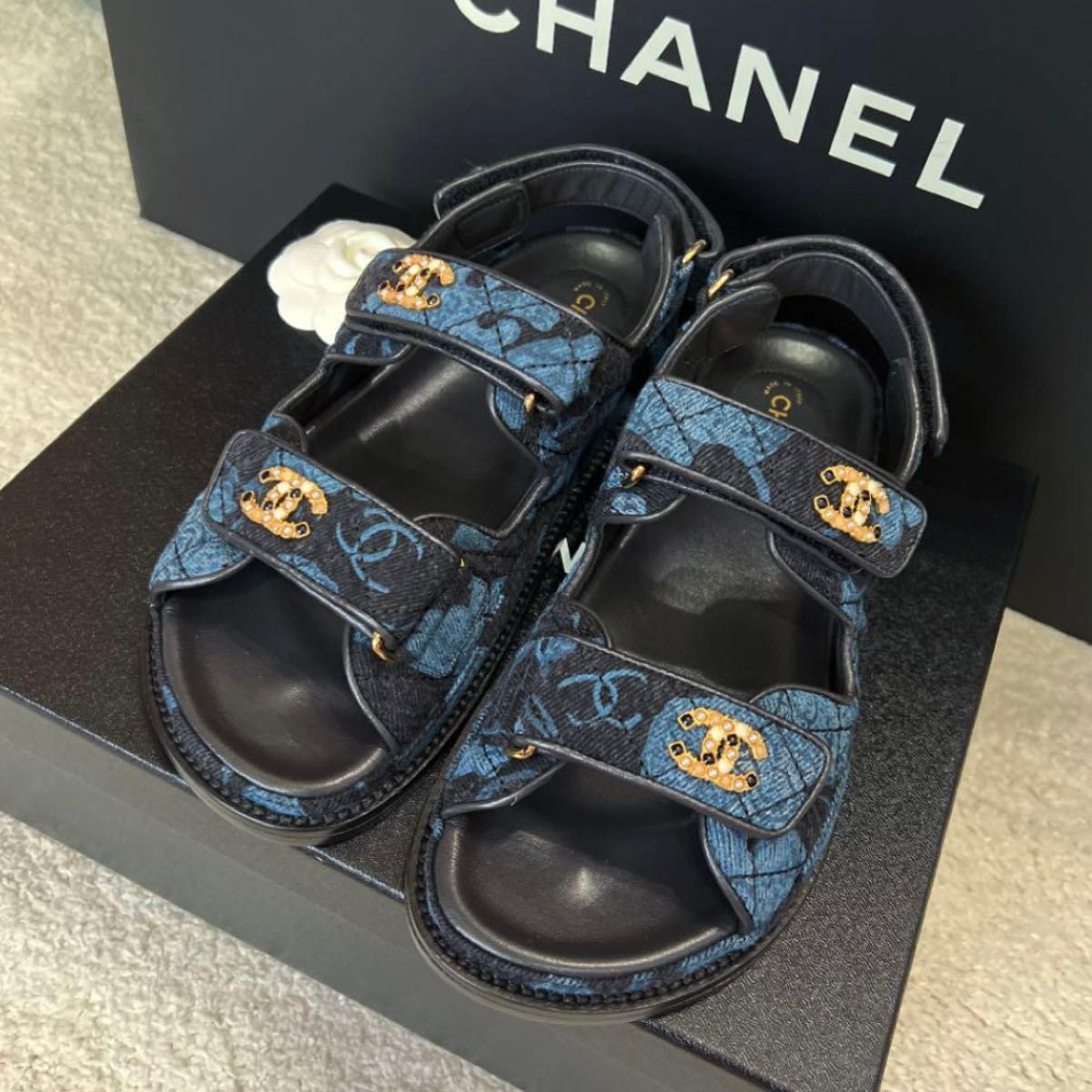 シャネル サンダル デニム CHANEL 正規品 フラットサンダル フットベット スポーティサンダル