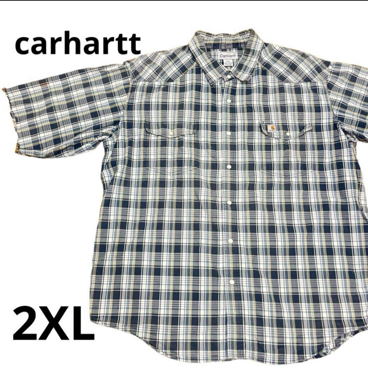 carhartt カーハート　ボタンダウン 半袖チェック　ブルー　2XL 半袖シャツ