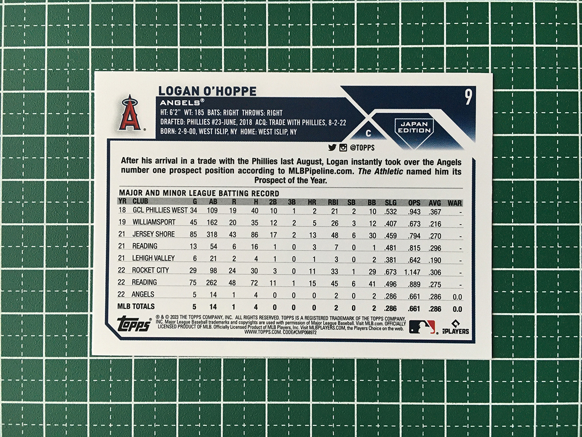 ★TOPPS MLB 2023 JAPAN EDITION #9 LOGAN O'HOPPE［LOS ANGELES ANGELS］ベースカード「BASE」ルーキー「RC」★_画像2