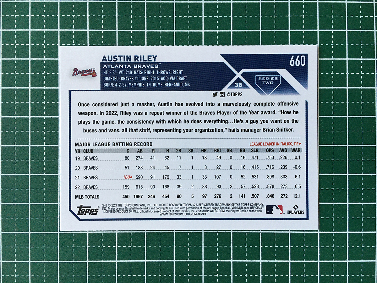 ★TOPPS MLB 2023 SERIES 2 #660 AUSTIN RILEY［ATLANTA BRAVES］ベースカード「BASE」★_画像2