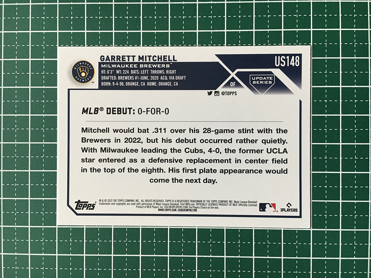 ★TOPPS MLB 2023 UPDATE #US148 GARRETT MITCHELL［MILWAUKEE BREWERS］ベースカード「RD」ルーキー「RC」★_画像2