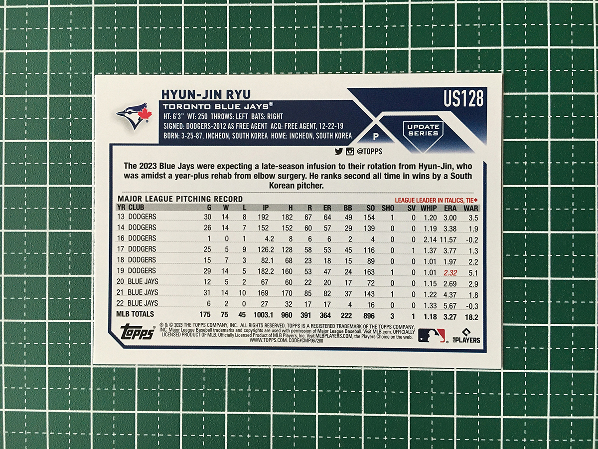 ★TOPPS MLB 2023 UPDATE #US128 柳賢振／HYUN-JIN RYU［TORONTO BLUE JAYS］ベースカード「BASE」★_画像2