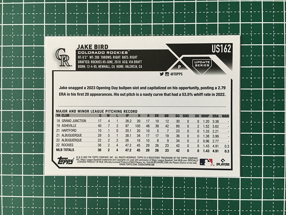 ★TOPPS MLB 2023 UPDATE #US162 JAKE BIRD［COLORADO ROCKIES］ベースカード「BASE」ルーキー「RC」★の画像2