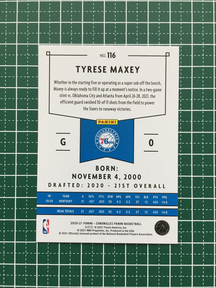 ★PANINI 2020-21 NBA CHRONICLES #116 TYRESE MAXEY［PHILADELPHIA 76ERS］ベースカード「PANINI」ルーキー「RC」★の画像2