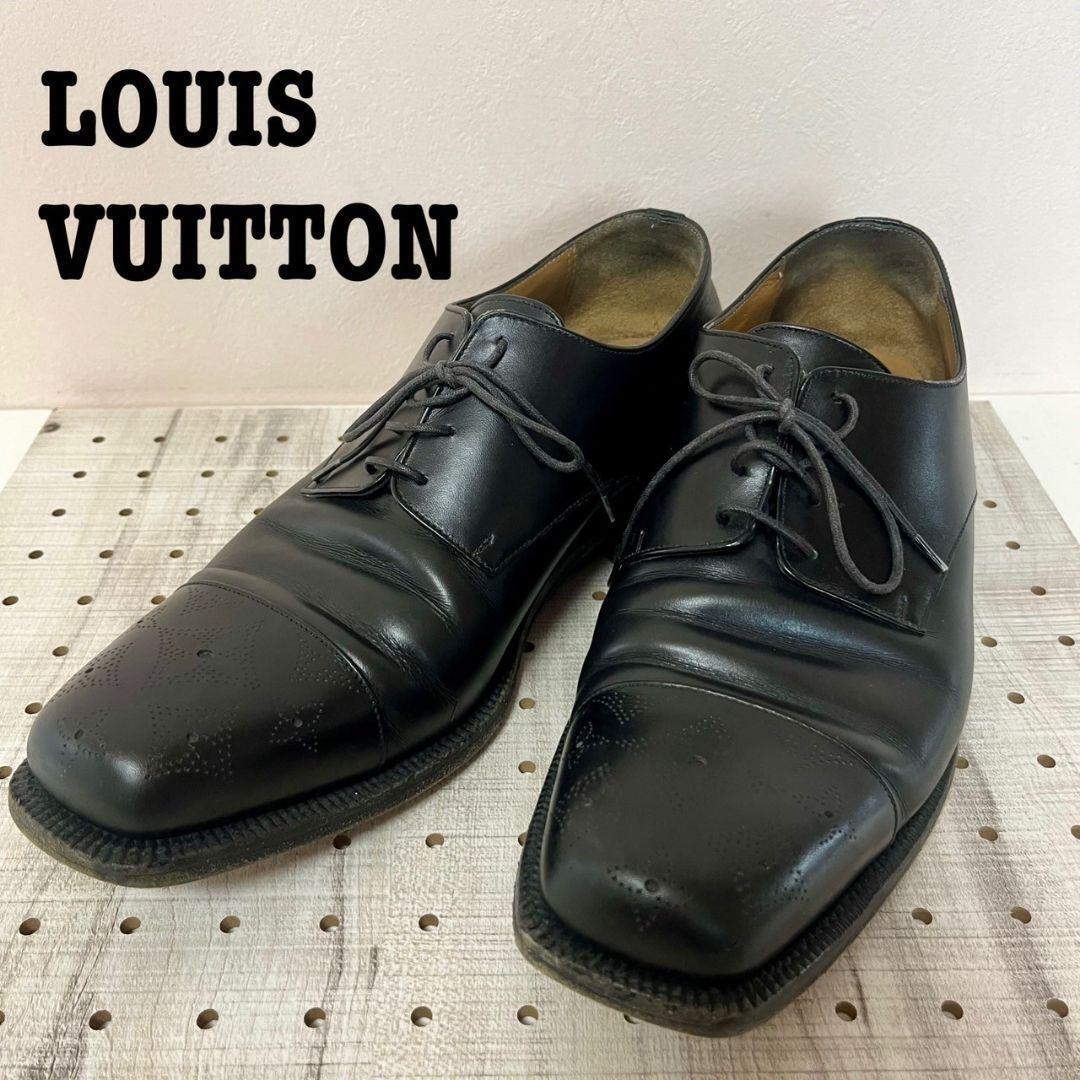 LOUIS VUITTON ルイヴィトン レザー ビジネスシューズ 7 26cm モノグラム ドレスシューズ 革靴 切り替え スクエアトゥ レースアップ ロゴの画像2