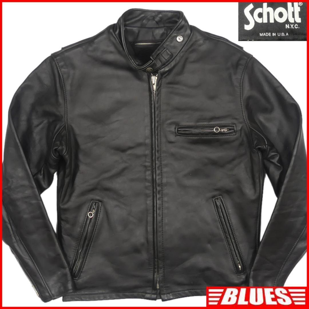 即決★アメリカ製 Schott★メンズM レザーライダースジャケット ショット 641 USA 38 黒 本革 シングル 本皮 立襟 90’s ヴィンテージ_画像1