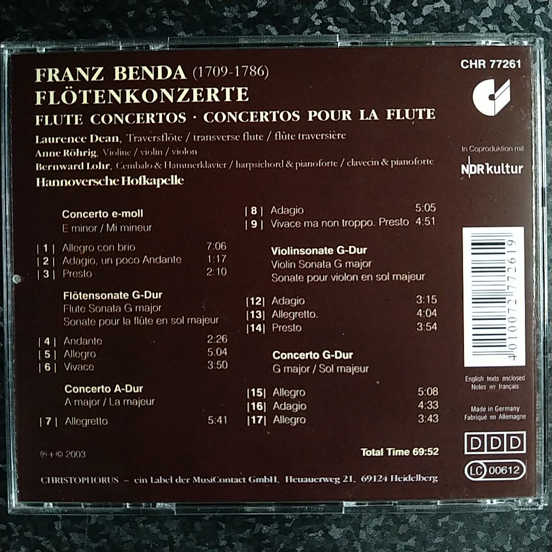 d（輸入盤）ローレンス・ディーン　フランツ・ベンダ　フルート協奏曲　Dean Benda Flute Concertos_画像2