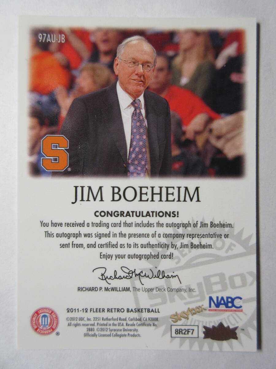 2011-12 Fleer Retro Basketball NABC Autograph Jim Boeheim 大学バスケットボール コーチ サイン 1997 SkyBoxの画像2