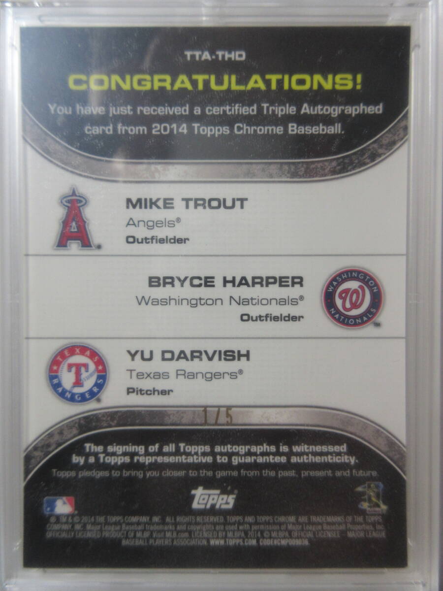 2014 Topps Chrome Baseball Triple Autograph Mike Trout/Bryce Harper/Yu Darvish 1/5 トラウト/ハーパー/ダルビッシュ サイン_画像2