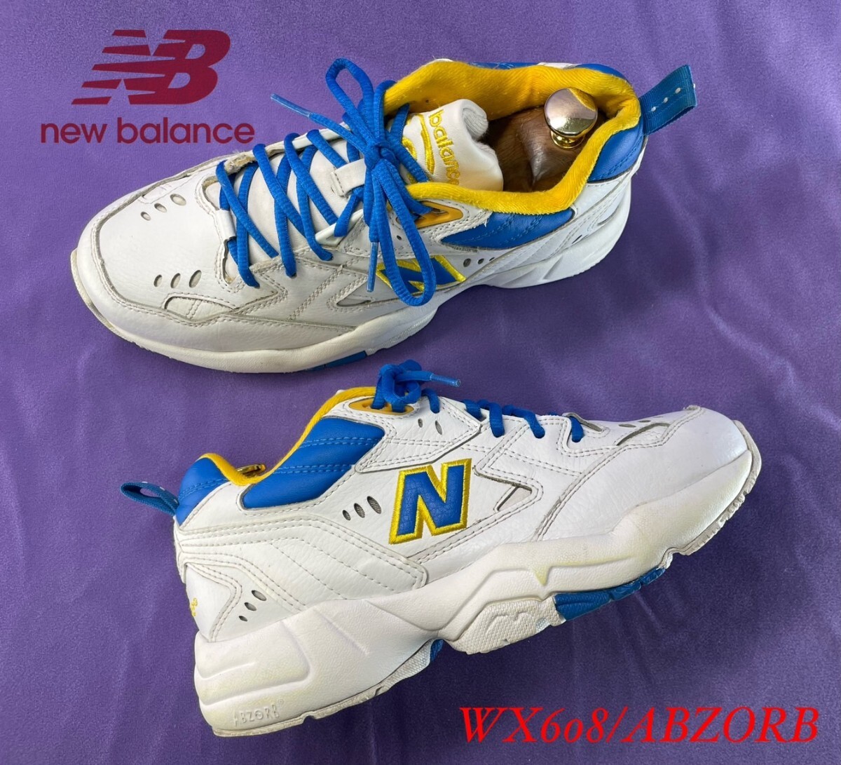  name machine ..!.13200 jpy!90\'sdado design! New balance [WX608/ABZORB] high class leather sneakers! white × blue × yellow 24.5cm