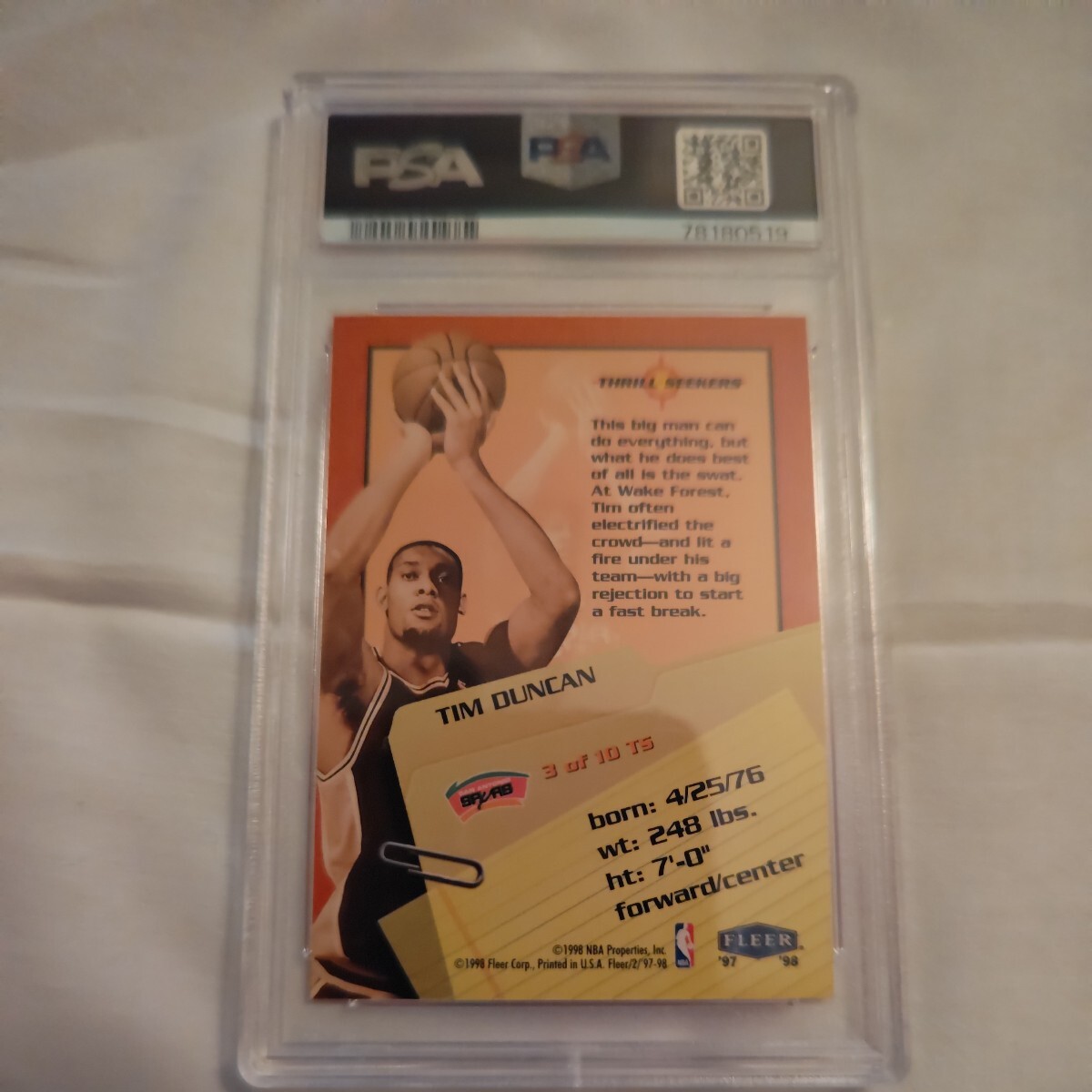 PSA9完璧超激レア 97-98 Fleer Tim Duncan ダンカン SSP RC Thrill Seekers ＃3 Spurs NBA レジェンド HOF スーパースター の画像2