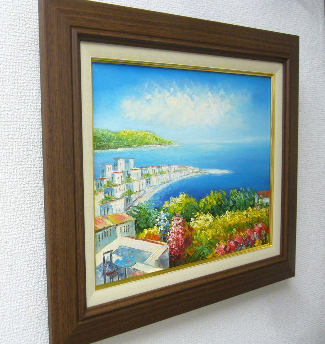 絵画　肉筆油絵 風景画 ギリシャ エーゲ海 白壁の道 送料無料