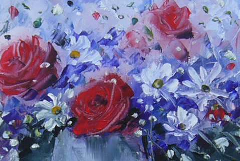 絵画 油絵 青木今陽 静物画 白い花と赤い薔薇 送料無料